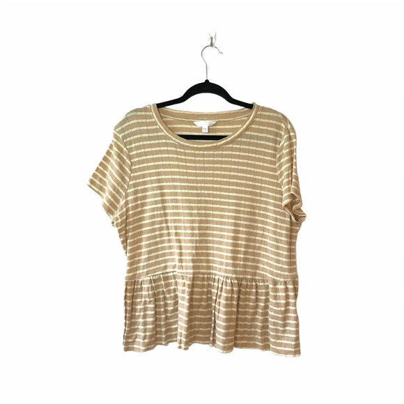 LC Lauren Conrad Tan & White Striped Short Sleeve Peplum Top XXlarge Women’s - Picture 1 of 10